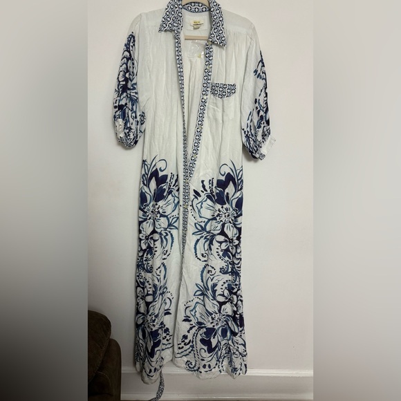 Anthropologie The Irene Linen Shirt Dress Button Front Belted Floral Blue - Picture 7 of 10